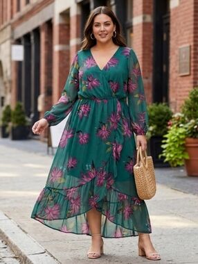 NWT Ava & Viv Floral Wrap Maxi Dress Green Size X (Plus)